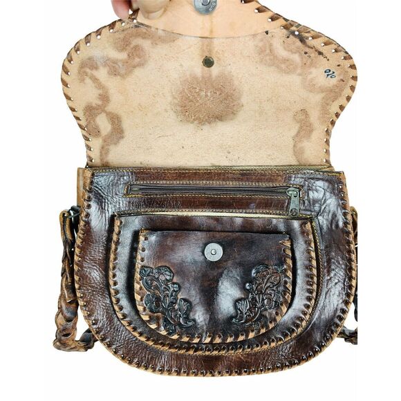 Vintage 70s Stitched Tooled Leather Braided Shoulder Strap Fringe Handbag Purse - Picture 10 of 12